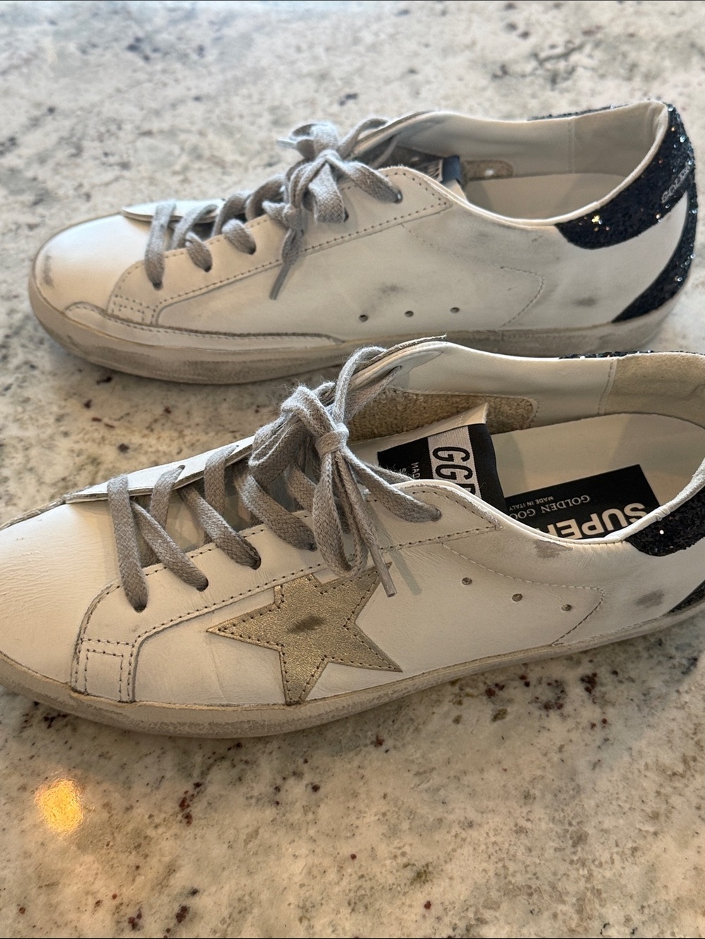 Golden Goose White Leather Low-Top Sneakers with Black Glitter Heel - Picture 8 of 10